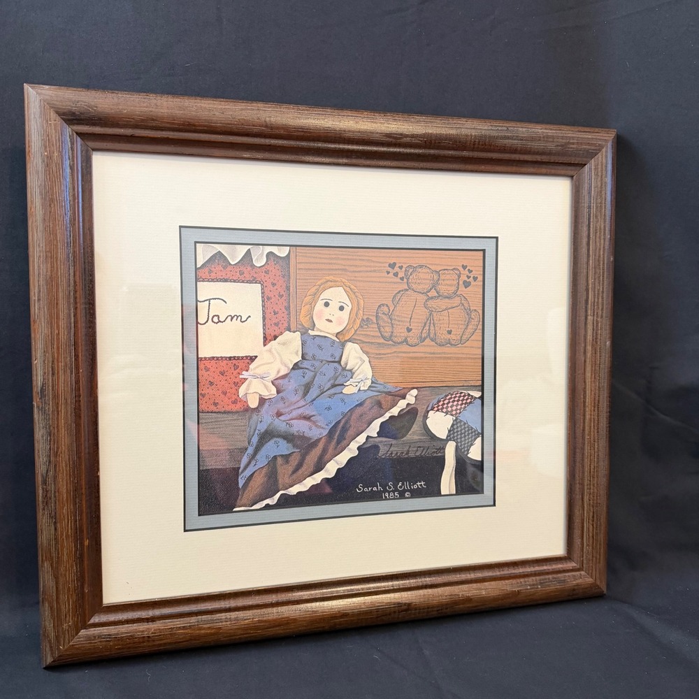 Vintage 1985 Sarah S Elliott Framed Folk Art Print Rag Doll Teddy Bear